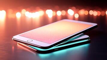 Two modern smartphones stacked on a reflective surface with a colorful bokeh background photo