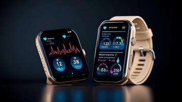 Two modern smartwatches displaying health metrics and heart rate data against a dark background photo