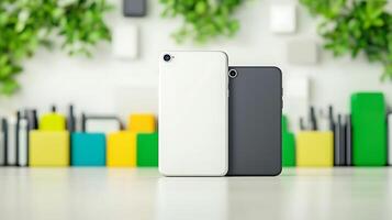 Two modern smartphones in a minimalist setting with colorful geometric shapes in the background photo