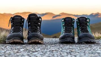 Two pairs of hiking boots positioned on a gravel path with mountains in the background at sunset photo