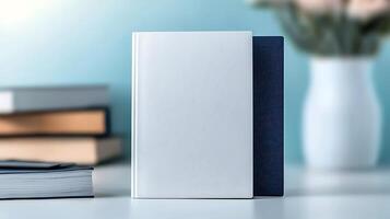 Two notebooks, one white and one navy, placed on a desk with blurred flowers in a vase photo