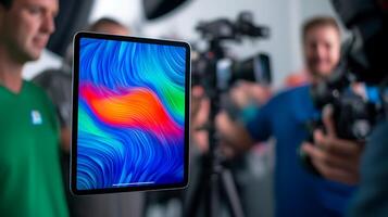 Two photographers capture an image of a vibrant tablet screen in a studio setting photo