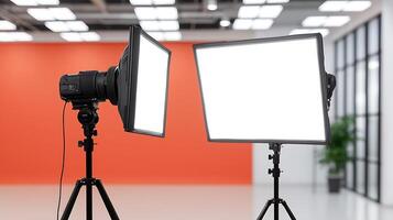 Two professional photography lights set up in a studio with an orange backdrop and modern design photo
