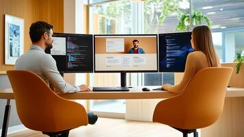 Two professionals collaborating in a modern workspace with multiple monitors displaying data and visuals photo