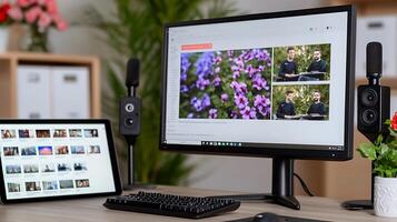 Two presenters discussing content on a computer screen with vibrant flowers in the background photo