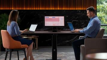 Two professionals working on laptops in a modern office setting with nature in the background photo