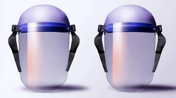 Two protective face shields displayed side by side against a minimalist background for safety equipment photo
