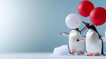 Two playful penguins holding colorful balloons on a snowy surface with a soft blue background photo