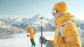Two skiers in bright winter gear navigate snowy mountains under a clear sky, enjoying nature photo