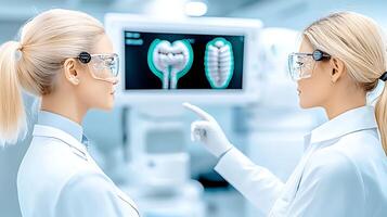 Two scientists in lab coats analyzing a digital display of anatomical structures in a modern lab photo
