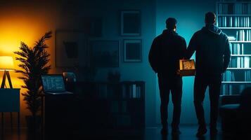 Two silhouetted figures holding a box in a dimly lit room with contrasting colors and shadows photo