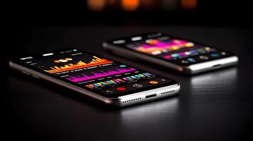 Two smartphones displaying vibrant data visualizations on a dark surface, with blurred lights in background photo