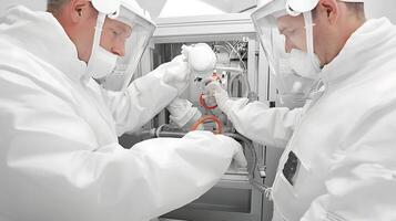 Two scientists in protective gear working on advanced machinery in a sterile lab environment photo