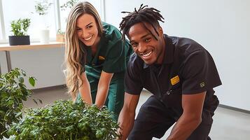 Two smiling individuals caring for indoor plants in a bright, modern workspace photo