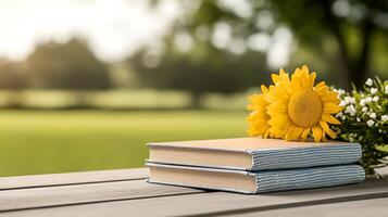 Two stacked books with a bouquet of sunflowers on a wooden table in a sunny park setting photo