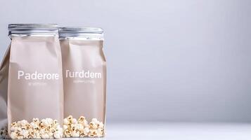Two stylish popcorn bags on a clean surface with scattered popcorn, minimalistic background photo