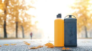 Two stylish water bottles stand on a sunlit path surrounded by autumn leaves and blurred walkers photo