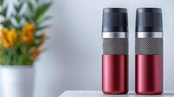 Two stylish red and silver insulated drink bottles on a table with a vibrant floral background photo