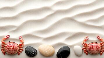 Two vibrant crabs on a sandy beach surrounded by smooth stones with gentle waves in the background photo