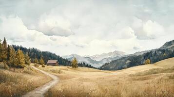 A painting of a mountain road and a cabin photo