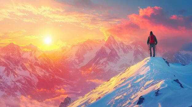 A man standing on top of a mountain at sunset photo