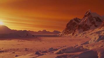 A breathtaking sunset casts vibrant hues across a vast landscape of snow and ice. Towering mountains frame the horizon, highlighting the serene beauty of a remote winter wilderness photo