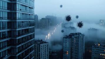 A city with many buildings and a lot of fog photo