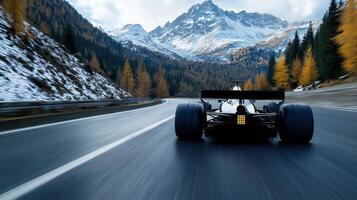 A racing car driving on a mountain road photo