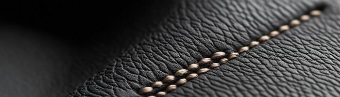 The refined black leather surface showcases a soft-focus design, featuring a subtle pattern of raised stitching that enhances its elegance. This texture creates an ideal backdrop for branding or text photo