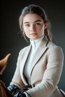 This refined equestrian rider showcases elegance in tailored attire while seated on a polished saddle, illuminated by soft, warm lighting that accentuates exclusivity and style photo
