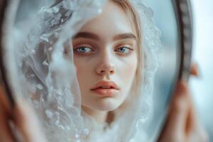 A high-fashion model stands before an ornate mirror, her piercing gaze directed inward while her reflection reveals a different version of herself, highlighting a haunting duality photo