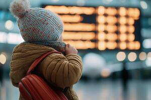 Holding onto a small suitcase, a toddler looks up in awe at the large airport departure board, surrounded by softly blurred planes and bustling travelers in the background photo