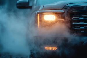 A stylish vehicle with headlights shining brightly cuts through a soft fog, creating an atmosphere of safety and direction in uncertain surroundings at dusk photo