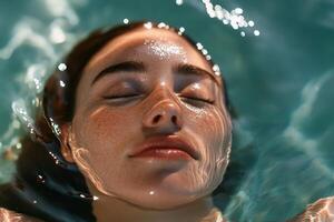 In crystal-clear tropical waters, a woman floats effortlessly, eyes closed, surrounded by soft ripples and illuminated by glowing sunlight, creating a serene atmosphere photo