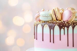 Delightful cake featuring vibrant pink and green layers, adorned with luscious chocolate drips, gold-dusted macarons, and shimmering edible pearls, perfect for celebrating special occasions photo
