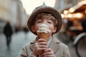 A small child happily licks a melting ice cream cone while standing on a cobblestone street. Softly blurred market stalls and vintage bicycles create a charming backdrop photo