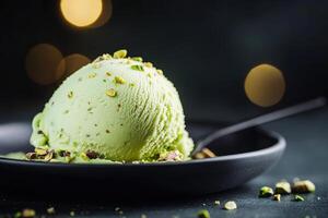 A scoop of creamy pistachio gelato melts slightly on a matte black plate. Crushed nuts scatter on top, illuminated by soft golden light, highlighting its luscious texture photo