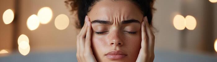A woman sits on a couch, gently resting her fingertips on her temples with her eyes closed. She appears to be experiencing discomfort, surrounded by a softly blurred warm atmosphere photo