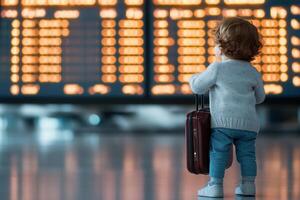 A toddler clutches a small suitcase, looking up in awe at a large airport departure board displaying flight information. The blurred movement of planes adds to the excitement in the terminal photo