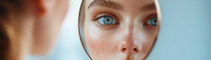 In a softly lit indoor space, a high-fashion model studies her reflection in a mirror. The reflective image reveals a captivating alternate version of herself, adding a sense of intrigue photo