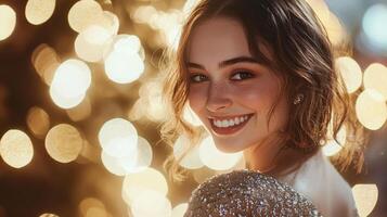 A woman smiling in front of a christmas tree photo