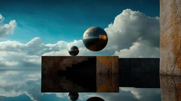 A floating ball is sitting on a ledge with a cloud in the background photo