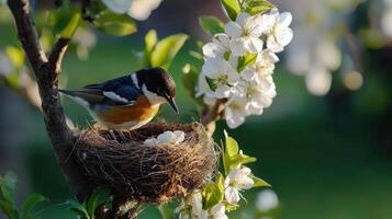 A bird is sitting on a nest in a tree photo