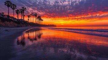 Vibrant sunset colors reflect on wet sand as palm trees line the beach in Southern California. The sky transitions from orange to purple, creating a serene atmosphere photo