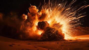 A large explosion in the desert at night photo