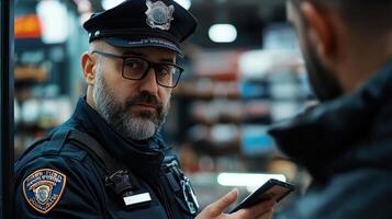 A police officer is talking to a man on a cell phone photo