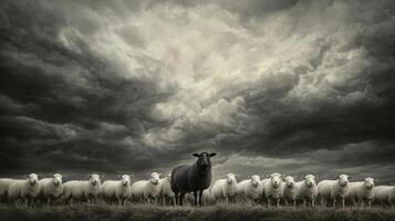A black sheep stands in front of a flock of sheep photo