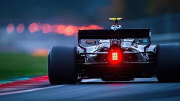 A racing car driving down a track at night photo