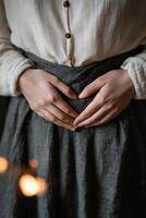 A woman lightly presses her stomach with both hands, bathed in soft warm light. The moment conveys discomfort and sensitivity in a tranquil atmosphere, creating a sense of intimacy photo