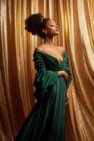 A woman stands gracefully in an emerald green gown, illuminated by soft lighting. The shimmering gold curtains enhance the elegance of the scene, creating a luxurious atmosphere photo